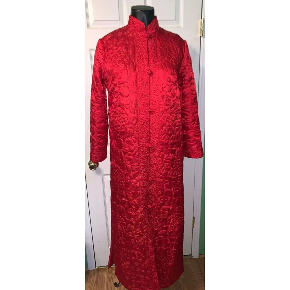 Vintage 100% Silk Made in Hong Kong CATHAY Red Quilted Robe Large - Picture 7 of 8